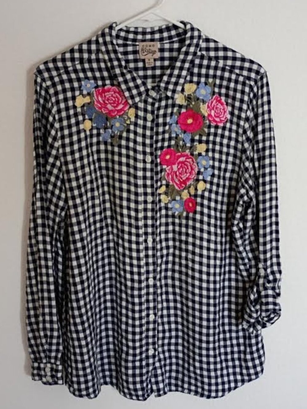 COMO VINTAGE WOMEN'S TOP BLUE WHITE CHECK FLORAL EMBROIDERY ROLL TAB SLEEVE XL